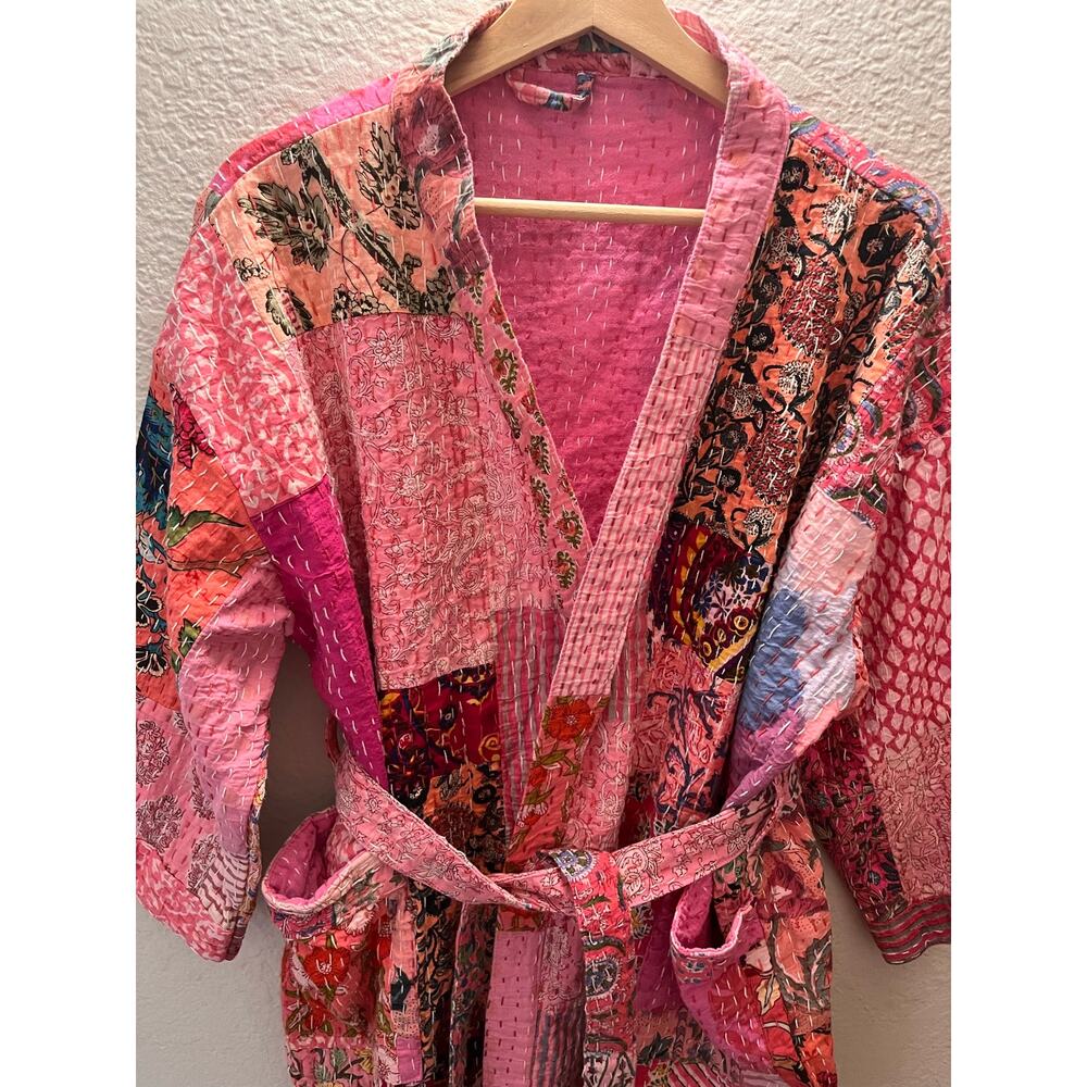 Pink 100% Cotton Kantha Quilted Robe Patchwork Kimono Boho Belted One Size - Picture 4 of 7